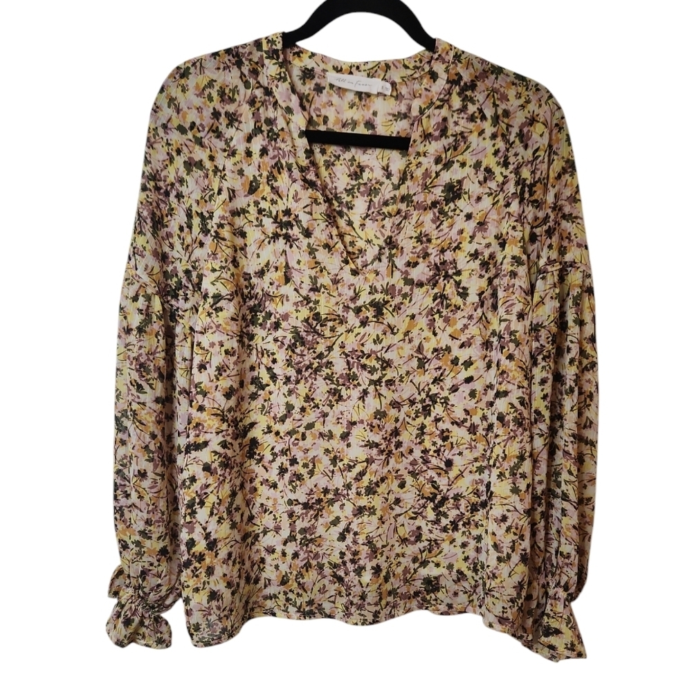 All in Favor Women's Yellow/Green Floral Long Sleeve Ruffle Cuff Blouse Size S